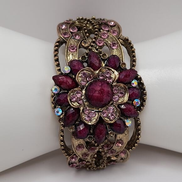 Purple Pink Rhinestone Hinged Bracelet, Victorian Style, 6 1/2 Inches - Picture 13 of 14